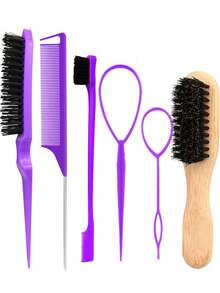 2/6Pcs Multi Piece Men's Beauty Comb Beard Brush Set, Fashion Leopard Slick Back Hair Brush, For Slick Back Hair – Teasing Hair Brush For Sleek, Control, Flyaways Hairs, Hair And Beard Brush For Men And Women, Suitable For Men's Side And Back Brushes, Topsy Tail Hair Braided Ponytail Maker, Hair Tail Tools, French Braid Tool Loop For Hair Styling, Hair Brush/Hair Comb ,Hair Styling Tools ,Hair Styling Kit - Multicolor - View 4