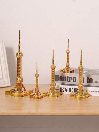 1pc Metal Building Model Decor, Shanghai Oriental Pearl Tower Architecture Model, Gold Color Decoration, Desktop Ornament, Travel Souvenir Gift, Home Decor, Landmark Building Figurine