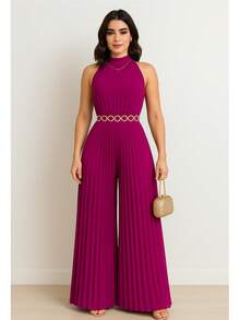 Pleated Jumpsuit Perfect For Parties And Weddings - Rose Red - View 1