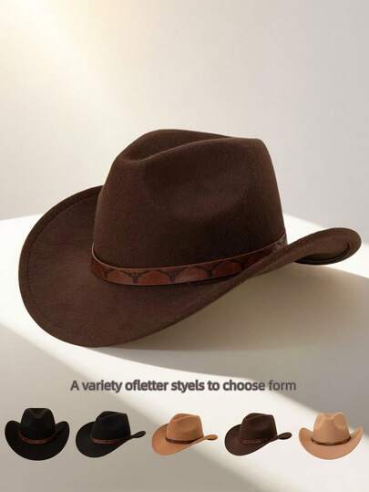 1pc Women's Hat, Unique Solid Color Heart-Shaped Wide Brim Curled Felt Hat, Paired With Brown Printed Bull Head Belt Decor, Outdoor Western Cowboy Hat, Versatile For Casual Wear, Performance And Party, Unisex
