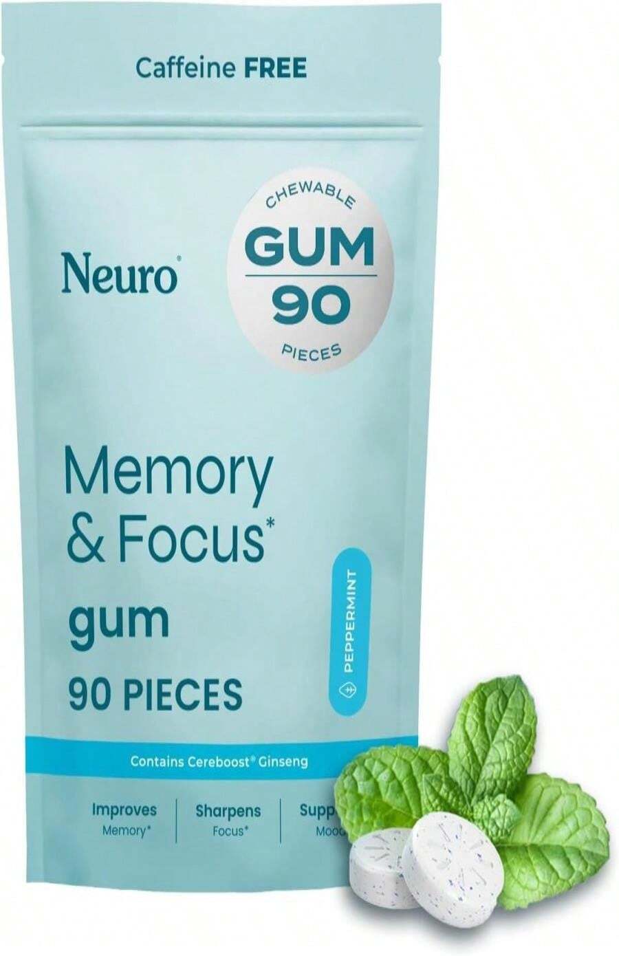 Neuro Memory &Amp; Focus Gum (90 Pieces) - Decaf &Amp; Sugar Free With American Ginseng, L Theanine, Vitamin B12 &Amp; Vitamin B6 For Mental Alertness - Brain Supplements For Memory And Focus - Peppermint Flavor - Flavor NameA - View 1