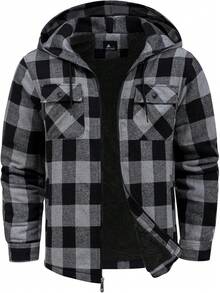 Mens Flannel Hooded Jacket Sherpa Lined Zip Up Hoodies For Men Plaid Shirt Jackets Warm Thick Fleece Coat With Pocket