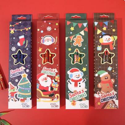 12支可爱圣诞卡通铅笔（带橡皮擦）HB铅笔，适合开学季、学生学习、圣诞节、派对礼物。（颜色随机）