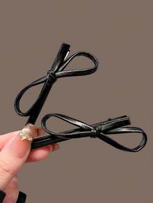 2 piezas Pinzas para el cabello con lazo de cuero negro, pinzas para el flequillo lateral para mujeres - Negro - Ver 7