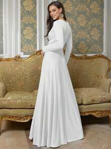 KOH KOH Women's Long Sleeve Flowy Elegant Empire Waist Modest Bridesmaid Semi Formal Maxi Dress Gown Petite And Plus Size Mother Of The Bride Or Groom Floor Full Length Sleeves Maternity Baby Shower Bridal Black Tie Gala Evening Cocktail Party Curve Curvy Warm Comfortable Comfy Soft Stretch Stretchy A-Line Work Office Meeting Workwear Special Occasion Dressy Frock Spring Summer Fall Graduation Homecoming Engagement Sunday Church Choir Baptism Funeral V-Neck Vacation Holiday Travel Islamic Abaya Muslim Moroccan Flattering Slimming Classy Classic Stylish Simple Solid Photoshoot Outfit For Tall Girls And Women - Màu trắng ngà - Xem 2