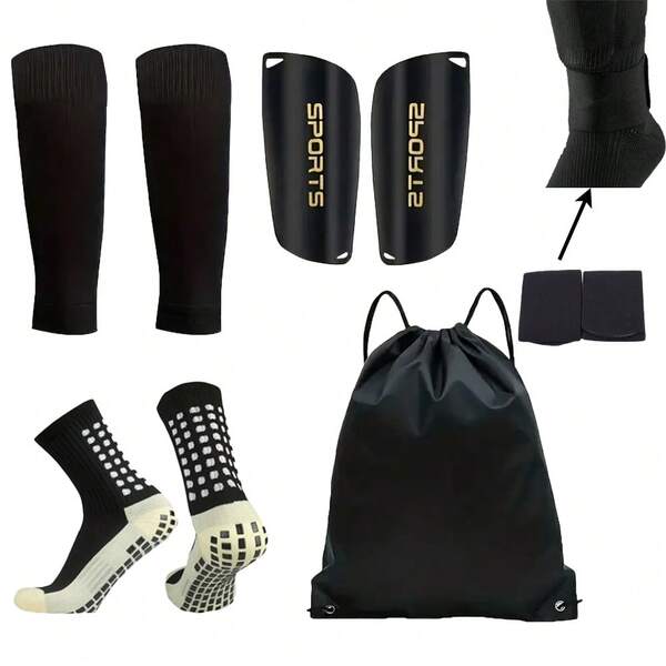 5Pcs/Set Football Bag Soccer Socks Teenagers Men Sport Grip Socks Soccer Leg Cover Shin Pads Soccer Training Shank Board Football Leg Guards Fixed Straps,Perfect As A Christmas Gift For Family And Friends Who Love Outdoor Sports Such As Football