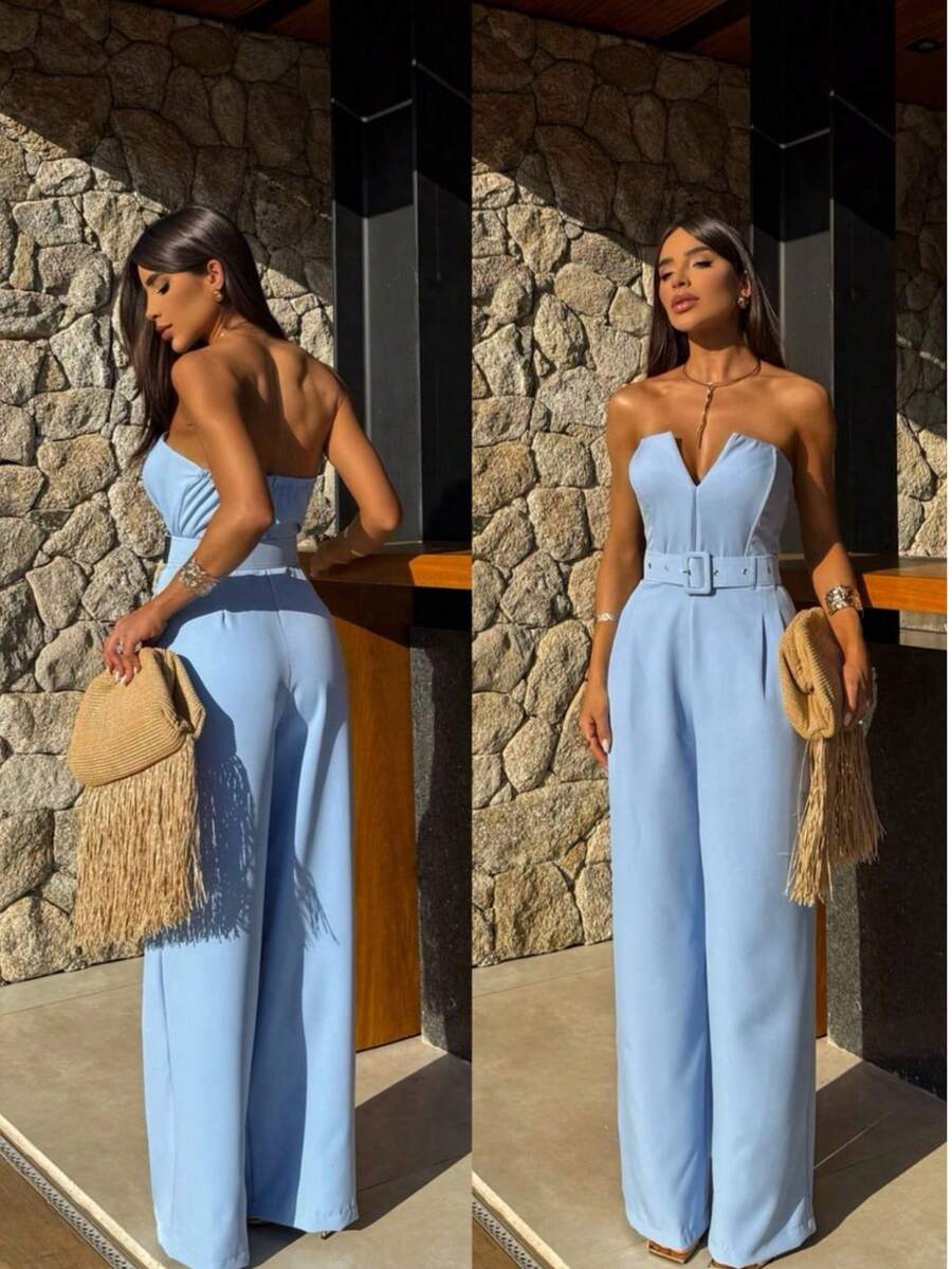 Women's Tailored Strapless Jumpsuit With V-Neckline And Belt - 淺藍色 - 查看 1