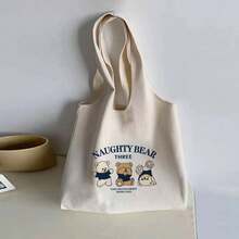 Fashionable Cartoon Bear Printed Canvas Tote Bag School Bag,Back To School,Large Capacity,Portable,Foldable,Classic Casual, Suitable For Teen Girls Women College Students, Perfect For Back To School,College,Elementary School,Middle School, High School,Work , Business, Commute,Shopping,Holiday
