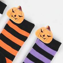 1 双儿童万圣节袜子，条纹黑色新款南瓜娃娃图案过膝可爱卡通袜子 - 彩色 - 查看 5
