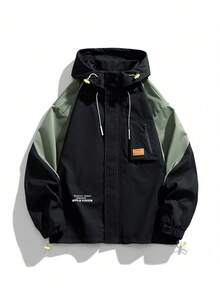 Men's Autumn Letter Graphic Contrast Color Drawstring Hooded Jacket