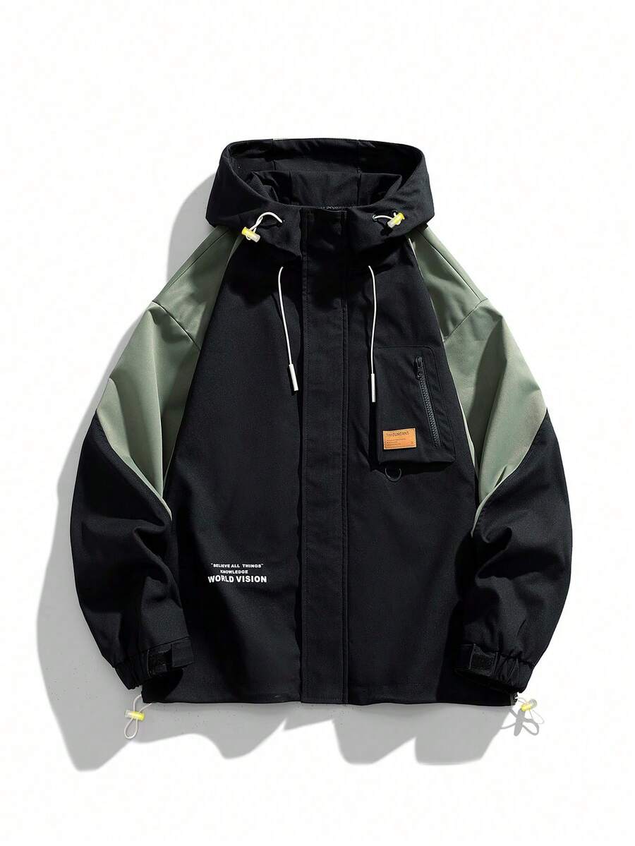 Men's Autumn Letter Graphic Contrast Color Drawstring Hooded Jacket