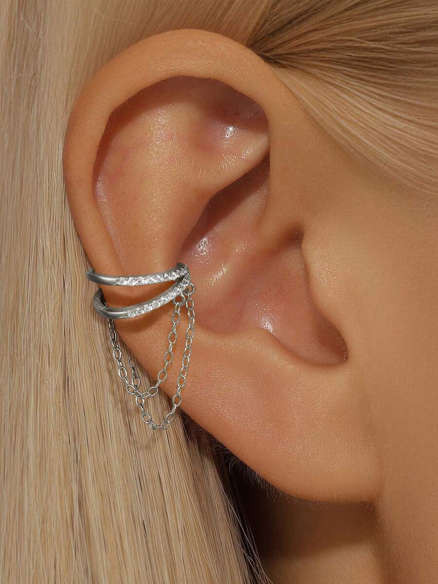 1pc 925 Sterling Silver Double Layer Earrings, Women's Luxury Chain Tassel Clip-On Earrings, Suitable For Wedding Bride Jewelry - Silver - View 1