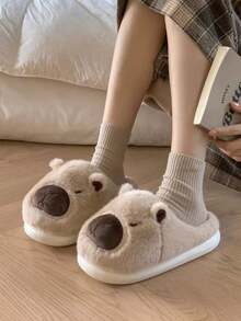 1 Pair Cartoon Thick Bottom Plush Lined Flat Casual House Slippers, Warm For Autumn/Winter