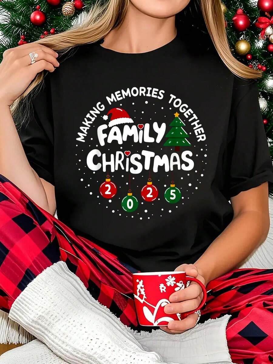 Merry Christmas Women's T-Shirt Family Christmas 2025 Making Memories Funny Xmas Pajamas T-Shirt - Black - View 1