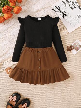 2pcs Girls Autumn/Winter Long Sleeve Pullover Sweater & Corduroy Skirt Set, Suitable For Outdoor Activities, Holiday Parties, Birthday Gifts