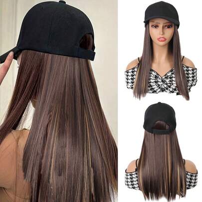 18Inch Long Straight Synthetic Wig Baseball Cap Hair Extensions Hat Wigs Black Brown Adjustable Hairpiece For Women