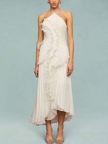Women's Boho Halter Backless Maxi Dress Sleeveless High Waist Ruffled Party Prom Evening Dresses - Trắng ngà - Xem 1