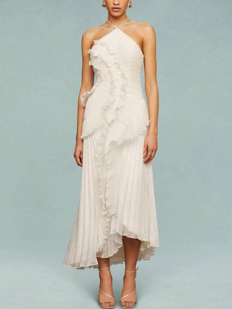 Women's Boho Halter Backless Maxi Dress Sleeveless High Waist Ruffled Party Prom Evening Dresses - Trắng ngà - Xem 1