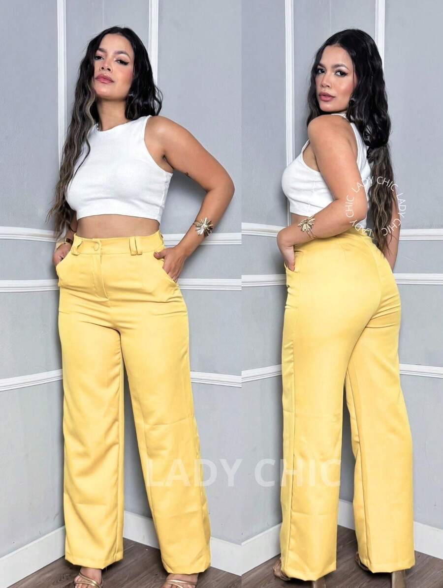 Women's Tailored Trousers, High Waist Wide Leg, Elegant Formal Pants - 奶油黃 - 查看 1