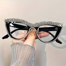 2 Pairs Of Women's Cat Eye Blue Light Blocking Reading Glasses, Diamond-Encrusted PC Frame - Non-Prescription Magnifying Glasses With Blue Light Filter Suitable For Computers, Tablets, Smartphones, Kindles - Ideal Gift For Book Lovers, Suitable For Home Office And Party Wear (Black And Transparent, Compatible With Progressive Lenses) - Fashionable And Practical Daily Women's Glasses, Perfect Luxurious Gift For Girlfriend/Mom On Holidays - Black+Champagne - View 4