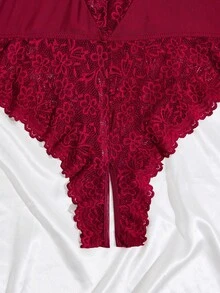 加大码女式撞色蕾丝镂空性感内衣紧身衣 - 酒紅色 - 查看 4