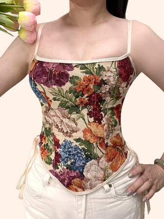 One New-Style Double-Hanging Painted Print Dark Red Women's Strapless Two-Slit Drawstring Design Court-Style Blouse