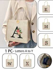 1 Stück Leinen Blumen Buchstaben Handtasche, einfache Handtasche mit großer Kapazität, tragbare lässige Aufbewahrungstasche, multifunktionale Einkaufstasche, personalisiertes Geschenktasche, geeignet für Hochzeiten, Geburtstage, Strände, Festivals, perfekte Geschenke für Frauen, Lehrer, Freunde, Brautjungfern, große Taschen, Studenten und Schulanfang, beste Lehrergeschenke für den Lehrertag, beste Geschenke zur Wertschätzung von Lehrern