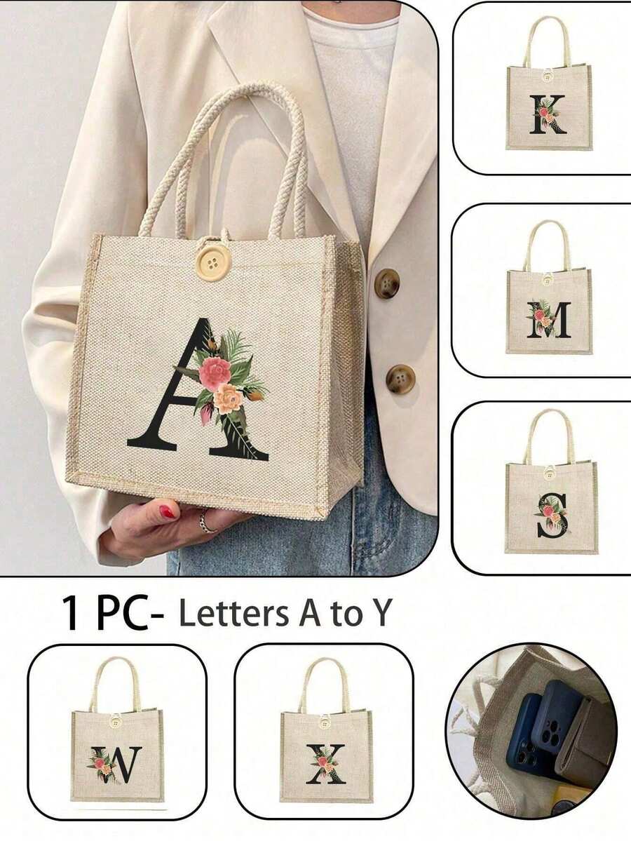 1 Stück Leinen Blumen Buchstaben Handtasche, einfache Handtasche mit großer Kapazität, tragbare lässige Aufbewahrungstasche, multifunktionale Einkaufstasche, personalisiertes Geschenktasche, geeignet für Hochzeiten, Geburtstage, Strände, Festivals, perfekte Geschenke für Frauen, Lehrer, Freunde, Brautjungfern, große Taschen, Studenten und Schulanfang, beste Lehrergeschenke für den Lehrertag, beste Geschenke zur Wertschätzung von Lehrern