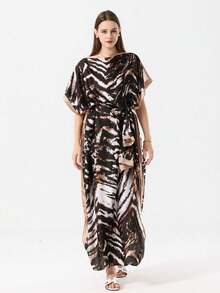 1pc Lightweight Faux Silk Printed Robe With Scarf Set, Women Coverup For Beach, Sun Protection, Daily Wear - Multicolor - View 10