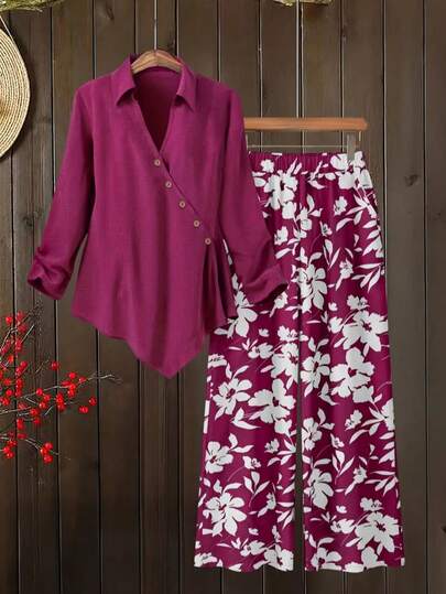 Conjunto de 2 piezas talla grande para mujer: Top de manga larga con bajo asimétrico y pantalones con estampado floral, conjunto casual de otoño