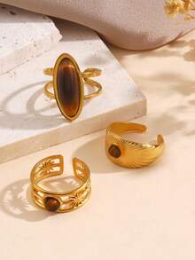 1/3pcs Stainless Steel 18K Gold Plated Minimalist Geometric Tiger Eye Stone Rings, Suitable For Women's Daily And Party Wear