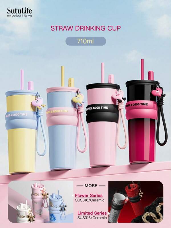 Large Capacity 500ml/680ml/700ml/710ml Insulated Tumbler – Stainless Steel Coffee Mug With Lid, Travel Cup For Hot & Cold Drinks, Car Cup Holder FrienGrade Material, Spout Lid With Straw Cap Holder, Non-Slip Silicone Hand-Held Band, Portable For Outdoor, Camping, Office, For Gifts Of Water Bottle For Girl Friend,Student,Boy