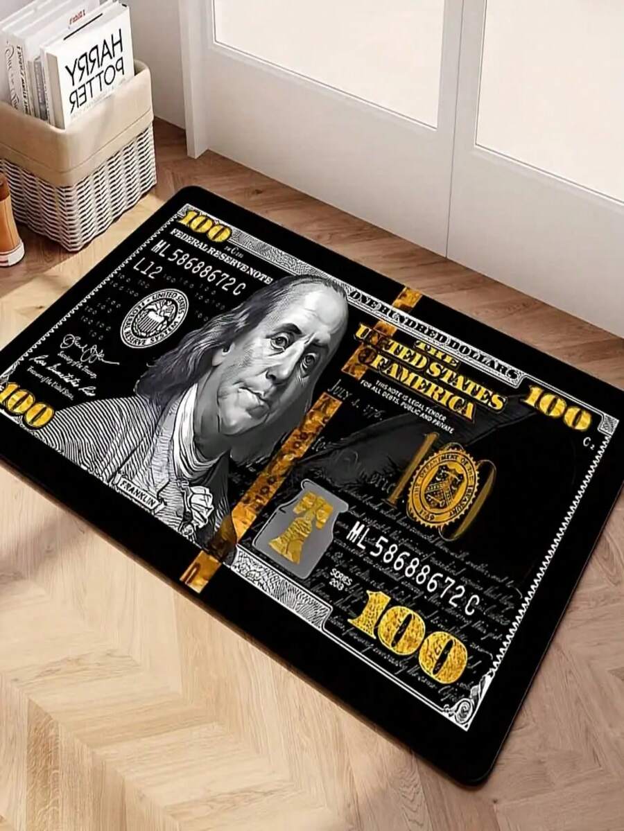 1pc New US Dollar Bill Design Area Rug, Suitable For Living Room, Bedroom, Indoor - Machine Washable - Flannel Material, Soft Wrap, Skin-Friendly, No Pilling, Water-Resistant Easy Care, Odorless - Ideal For Home Decor, Room Decor, Living Room Carpet, Bedroom Carpet, Bathroom Carpet, Kitchen Carpet, Area Rug, Hotel Decor - Area Rug, All Season Use.