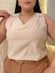 RAINBOW Plain Tank Top Sleeveless Blouse Plain Creppinho With 4 Buttons Plus Size G1G2G3 46-52 Casual Women - 62-AREIA - 查看 5