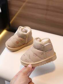 1 双男女通用婴儿卡通印花厚软底雪地靴，适合幼儿和儿童的温暖冬靴