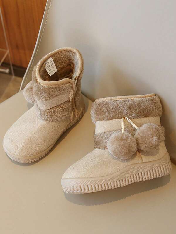 1 Pair Girls' Soft Sole Anti-Slip Snow Boots, Thermal Lined Warm Short Boots, Thick Plush Pom Pom Mid-Calf Boots, Fashion & Versatile For Winter