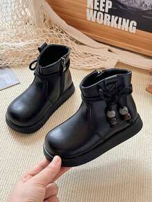 New Kids Bowknot Pendant Boots, Classic Solid Color Fashionable Western Style Girls Short Boots, School Uniform Versatile Boots, Comfortable Lining, Thick Sole, Durable, Suitable For All Seasons