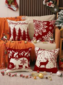 1pc/4pcs Christmas Snowflake, Holly, Reindeer Print Linen Throw Pillow Cover, 17.7*17.7inch/45X45cm, Decorative Pillow Case For Room, Bedroom, Sofa (No Pillow Insert)