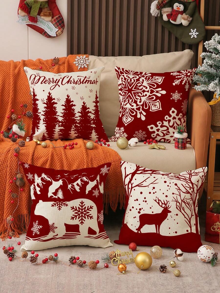 1pc/4pcs Christmas Snowflake, Holly, Reindeer Print Linen Throw Pillow Cover, 17.7*17.7inch/45X45cm, Decorative Pillow Case For Room, Bedroom, Sofa (No Pillow Insert)
