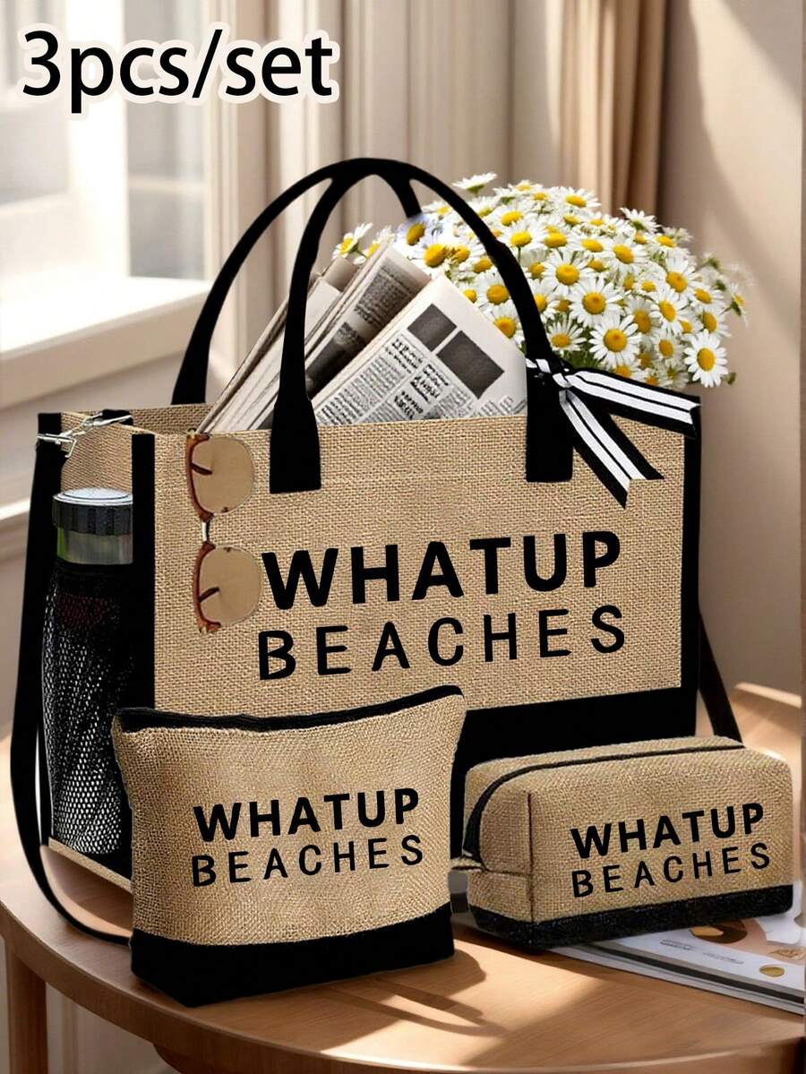 一套女士沙滩手提包，帆布沙滩包，适合婚礼、生日、节日等场合，是送给女性、妈妈、老师、朋友、伴娘、学生、返校季的绝佳礼物，大容量，旅行手提包，适合度假、周末出行，个性化生日礼物，附赠围巾
