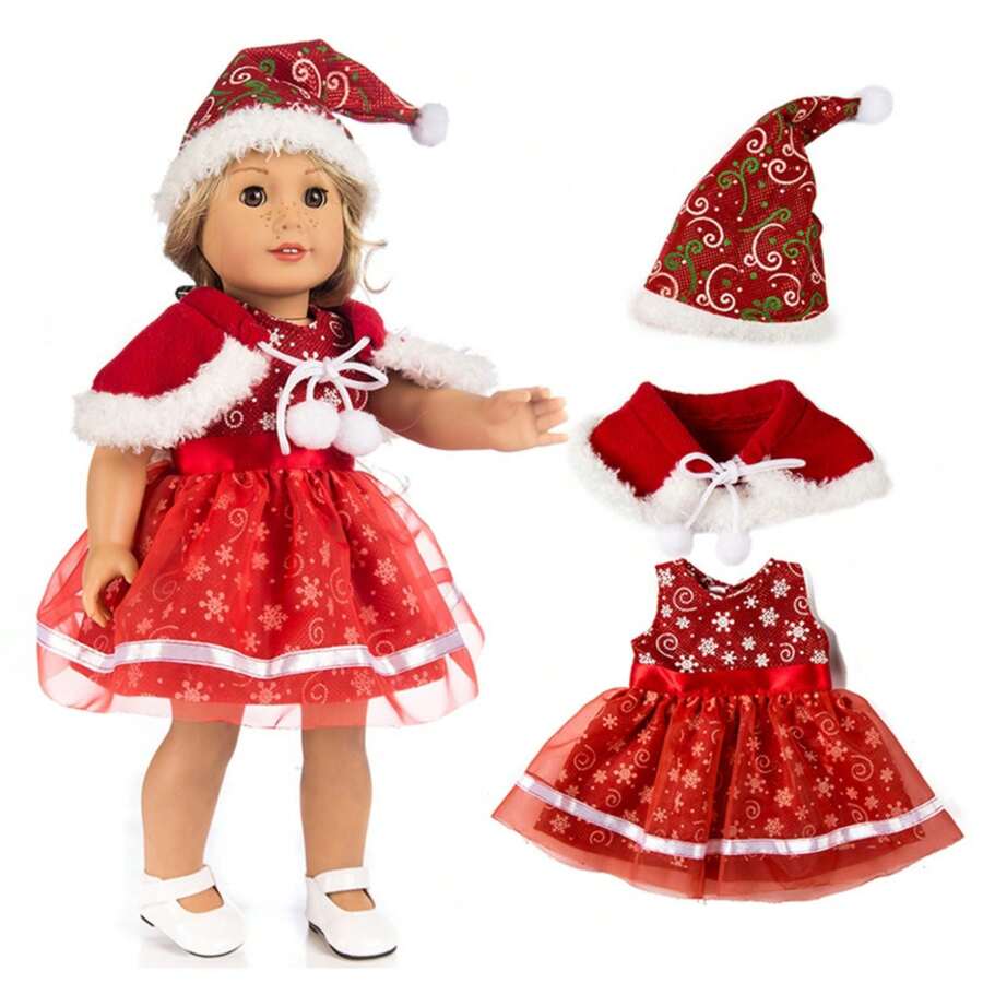 3pcs/Set Christmas Doll Outfit With Snowflake Elements, Including Dress, Cape And Hat, Fits 16-18 Inch Reborn Dolls, Costume For Children 3+ Years Old, Christmas Gift (Doll And Shoes Not Included) - Multicolor - View 1