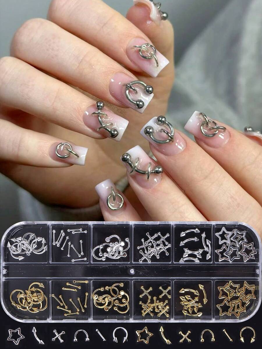 金银朋克Y2K美甲饰品合金装饰12格金属星十字尖锥穿孔金属美甲配件DIY沙龙美甲用品 - 彩色 - 查看 1