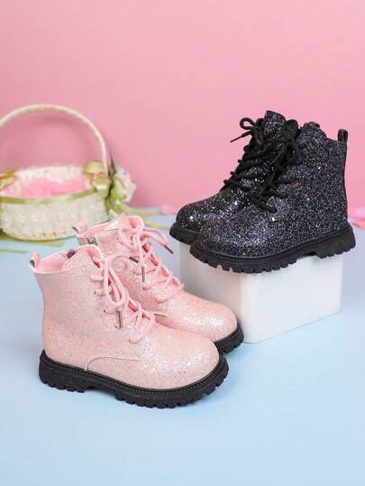 1 Pair Children's Autumn/Winter Fashion Casual Non-Slip Boots, Solid Color Shiny Lace-Up Design With Side Zipper, Girls Boots Suitable For Travel And Vacation (Random Sole)