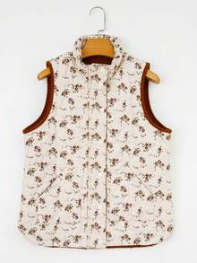 Acelitt 冬季女式米色波西米亚花卉印花修身口袋翻领开领拉链无袖背心夹克 - 杏色 - 查看 5