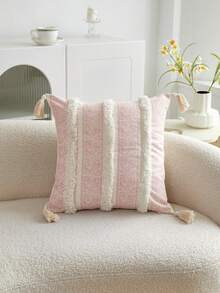 1pc Pink Geometric Vintage Pattern Printed Velvet Stripe Embroidered Decorative Throw Pillow Cover, Suitable For Indoor Decoration, All Season With Tassel Decor, Cover Only (No Filler) - Pink - View 12