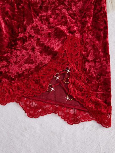 Kanten Verleidelijke Lingerie Heroe Splicing Fluwelen Nightgown, Deep Backless Slit Night Dresses,Ladies' Fall Com Tafel Sleep Dress, view 5