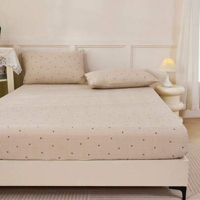 1件卡其色条纹心形几何图案床笠床垫保护套，柔软透气，适用于单人床、双人床、大号床、特大号床，深口袋设计，最大厚度可达11.8英寸，家用纺织品，适用于宿舍、大学宿舍，抗皱，可机洗