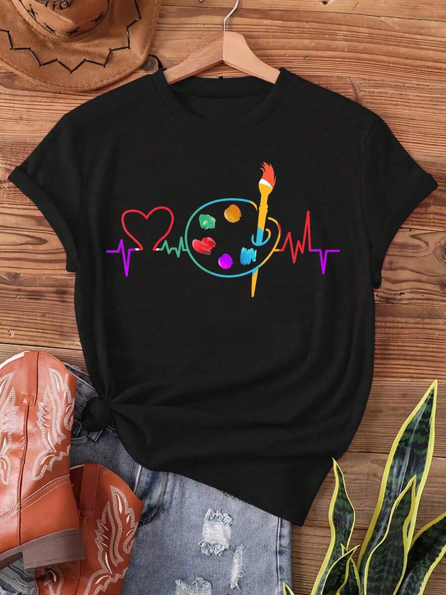 Camiseta Negra para Mujeres con Diseño de Latido de Corazón y Pincel Colorido - Top Casual de Cuello Redondo y Manga Corta, Perfecta para Primavera y Verano, Idea de Regalo Inspirada en Artistas, Ropa Casual| Camiseta gráfica divertida| Tela elástica - Negro - Ver 1