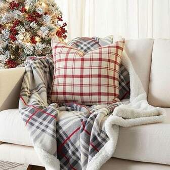 1pc Simple Red Plaid Linen Pillow Cover