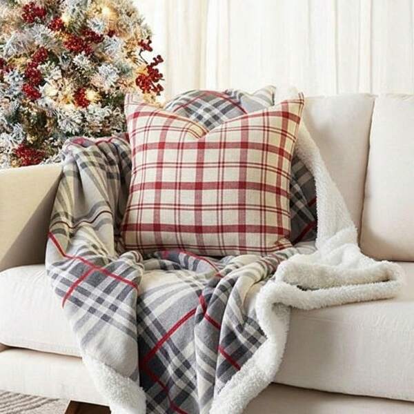 1pc Simple Red Plaid Linen Pillow Cover